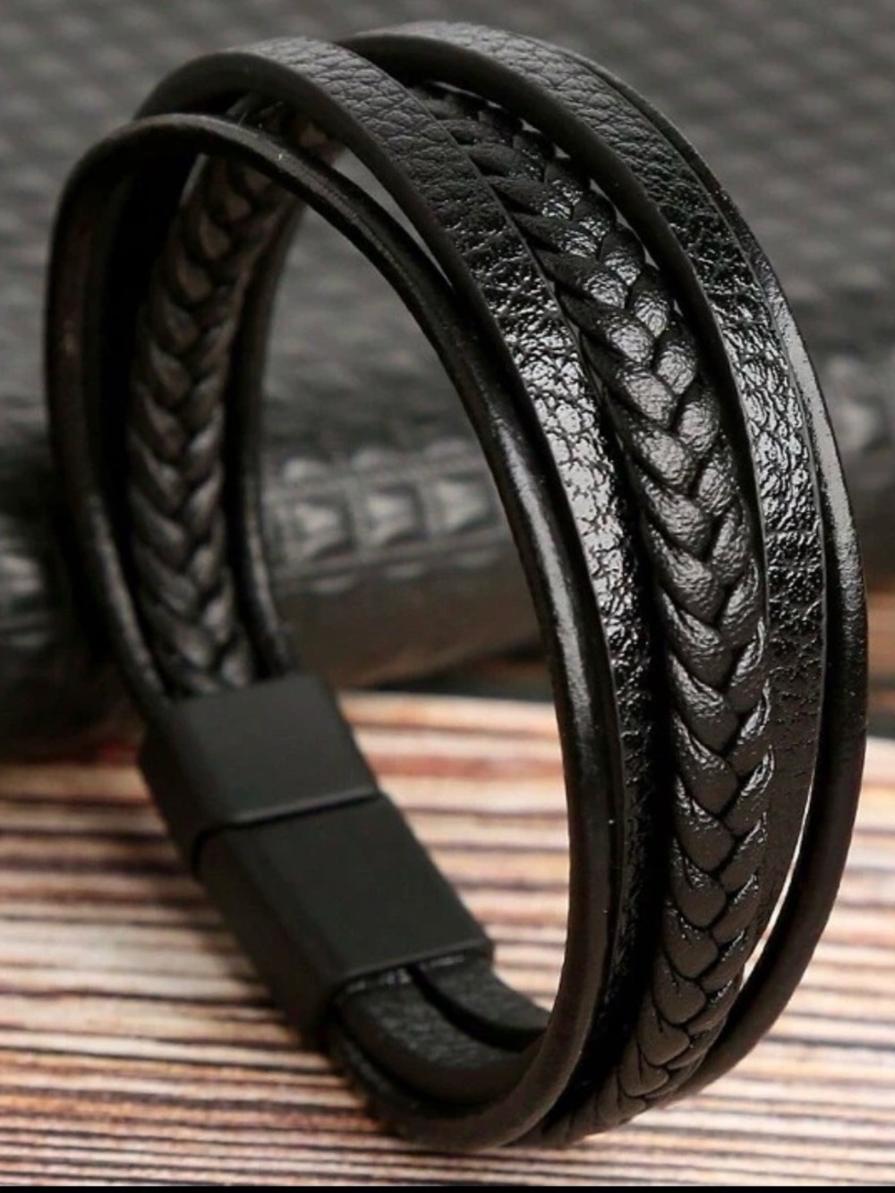 Men's Black Multi-Strand Braided Vegan Leather Bracelet